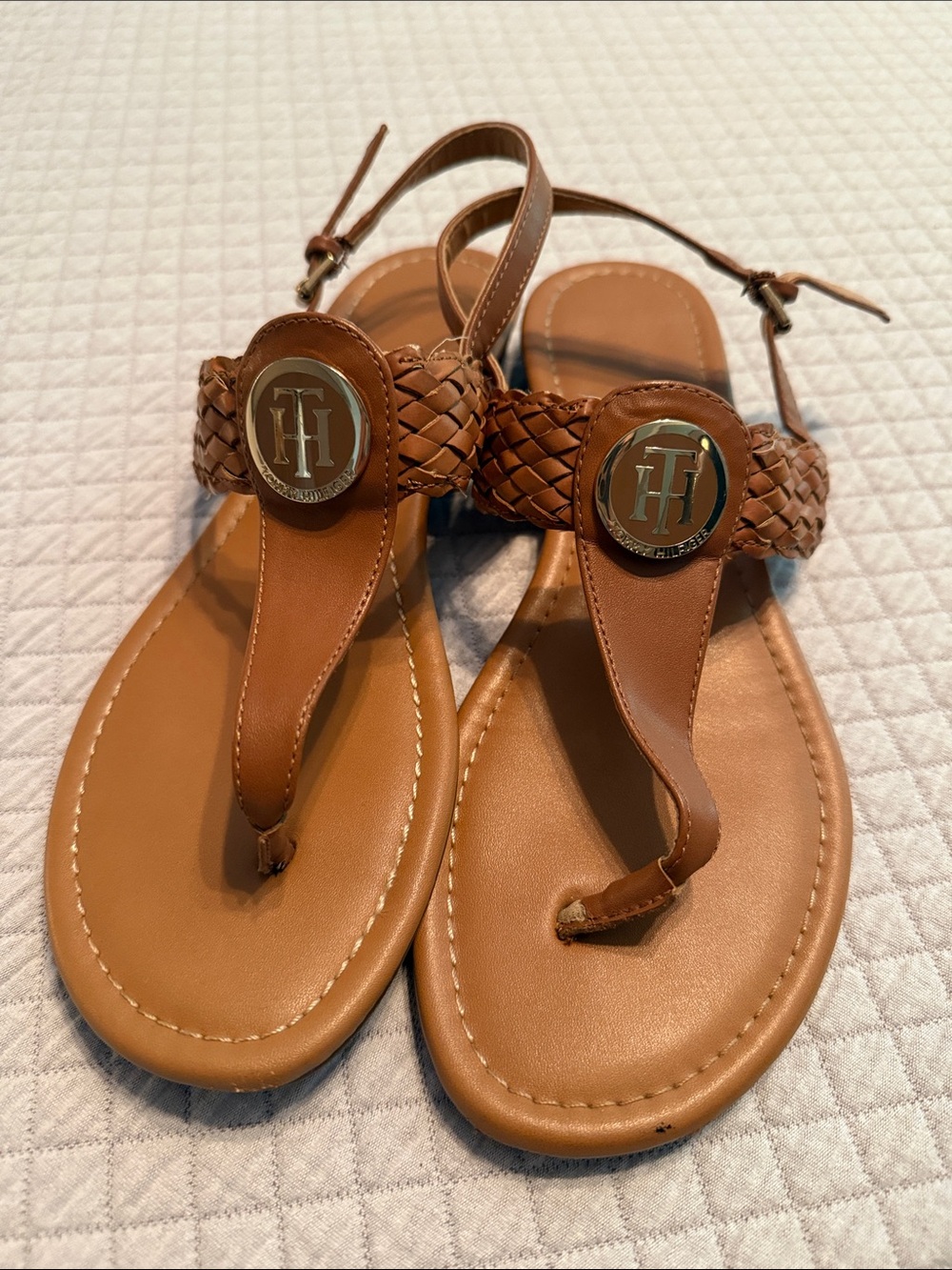 Tommy Hilfiger Tan Braided Leather T-strap Sandals with Logo Medallion